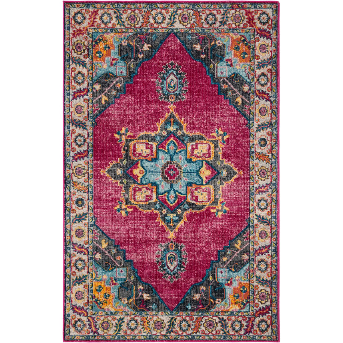 Bold fuchsia rug with a blue-green center motif and ornate blossoms around its cream-toned border