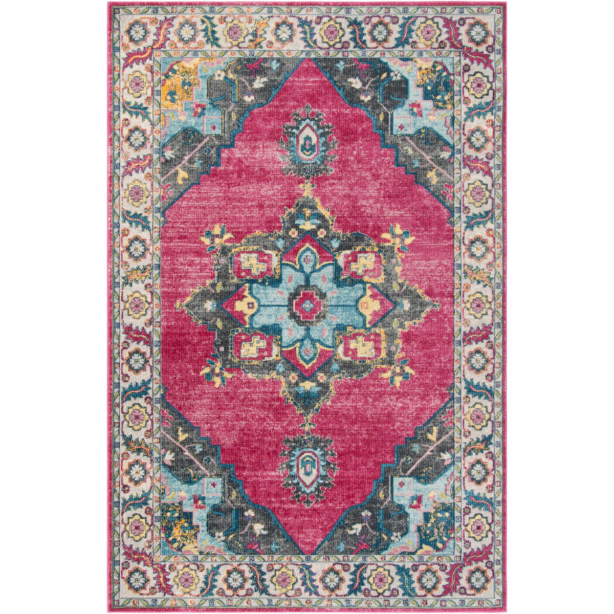 Fuchsia area rug with a teal and ivory medallion, multicolor corner accents, and a detailed floral frame