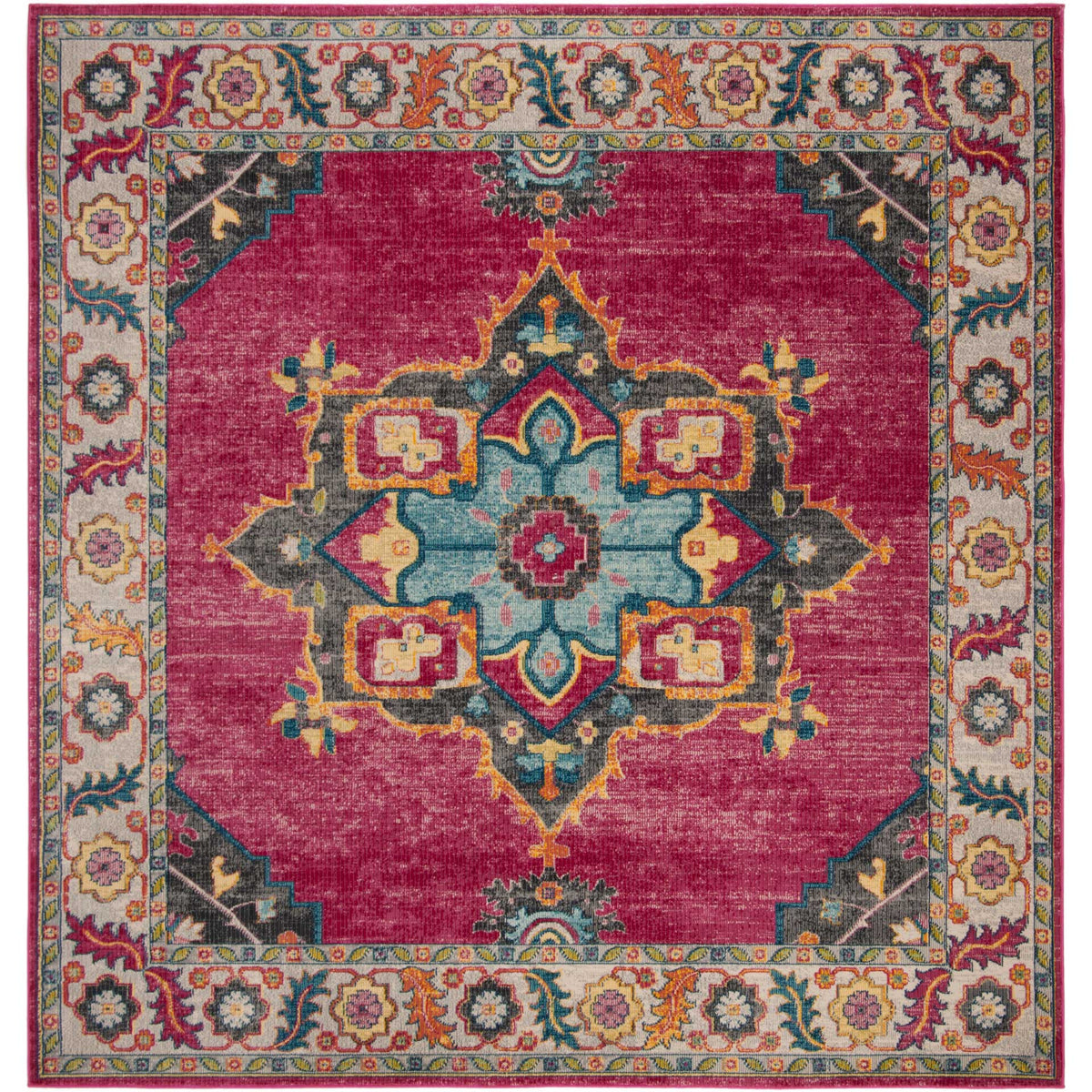 Square fuchsia rug with a turquoise medallion and vibrant floral border framing dark angular corners