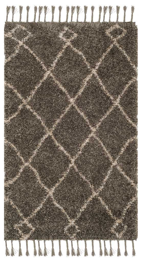 Gray shag rug patterned with cream diamonds and matching knotted fringe