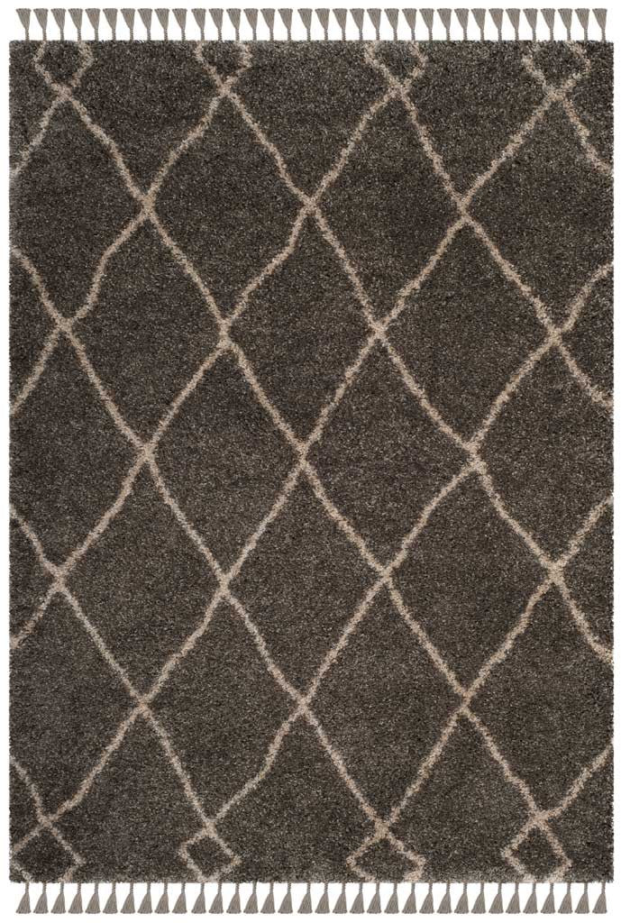 Cream lines crisscross plush gray pile, with tassels on both ends
