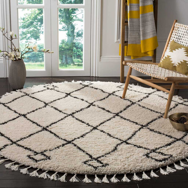 Moroccan Diamond Fringe Shag Cream/Charcoal Round Rug - Froy.com