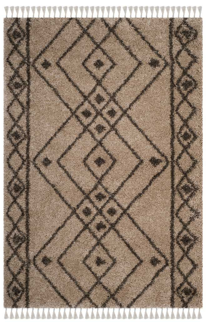 Gray diamond motifs and patterned side borders anchor a soft mushroom shag rug