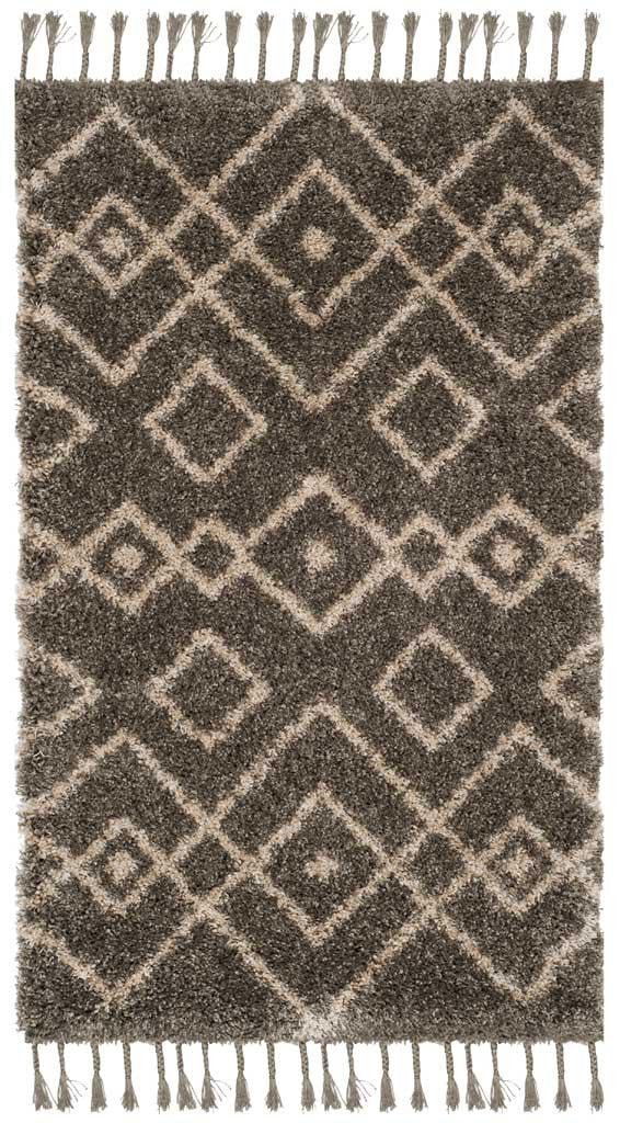 Small gray shag rug with cream nested diamonds and long tasseled fringe