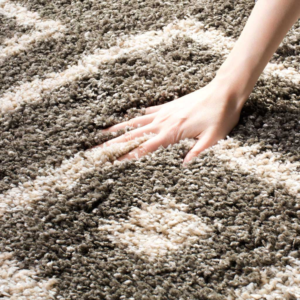 Gray-and-cream shag cushions a hand with its deep, plush pile
