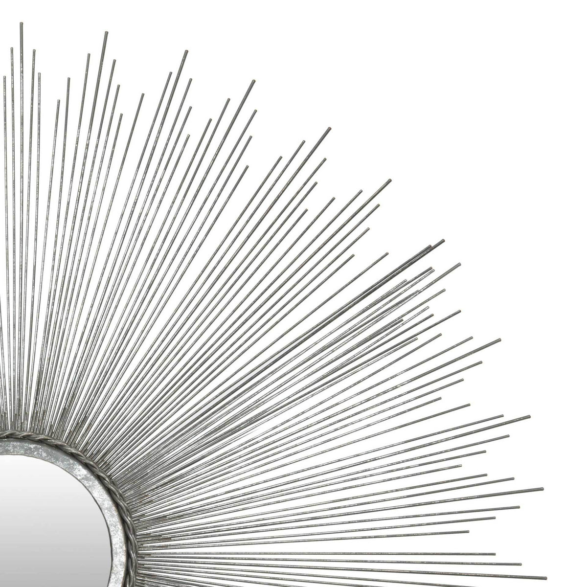Silver rays spread from a textured rim around the round mirrored center