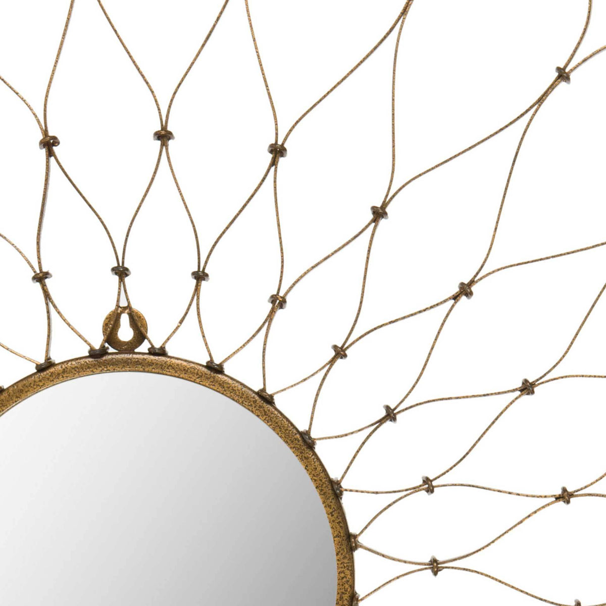 A textured gold rim meets delicate wire loops and small knotted joints around the mirror.