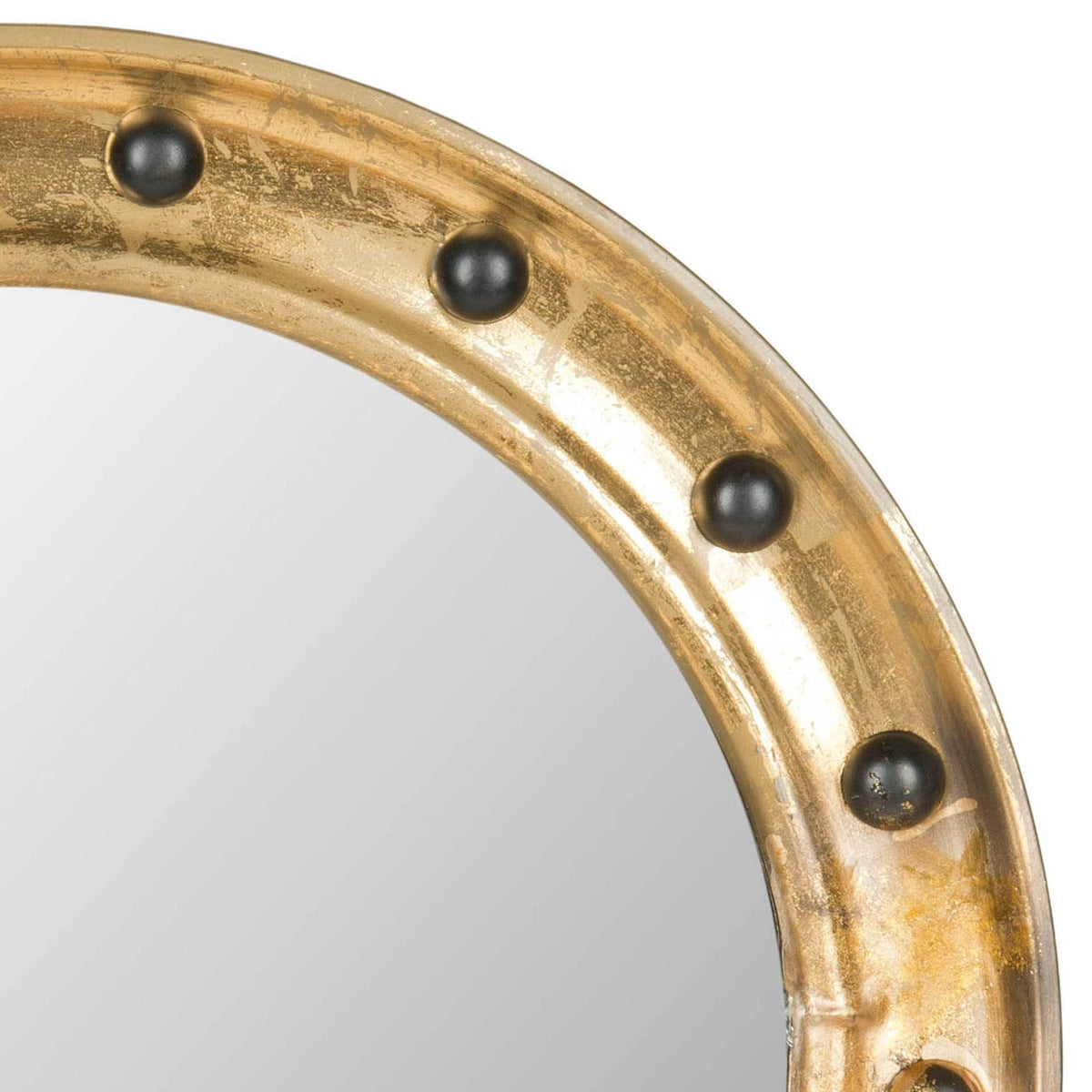 Weathered gold frame and raised dark studs add porthole-inspired character