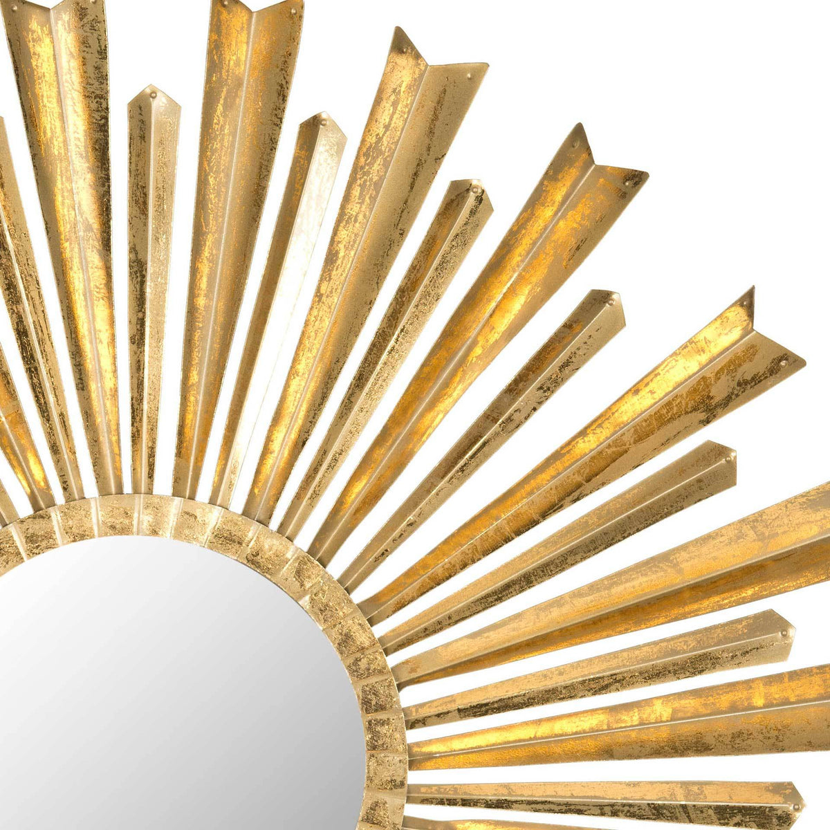 Alternating gold rays and a textured inner ring give this sunburst mirror sculptural depth
