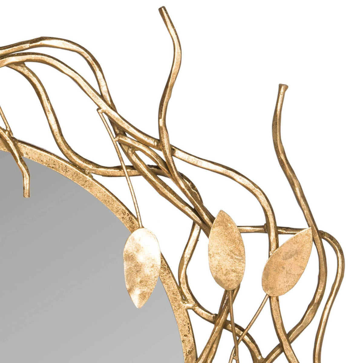 Textured gold leaves and intertwining iron branches lend organic character to the mirror's frame