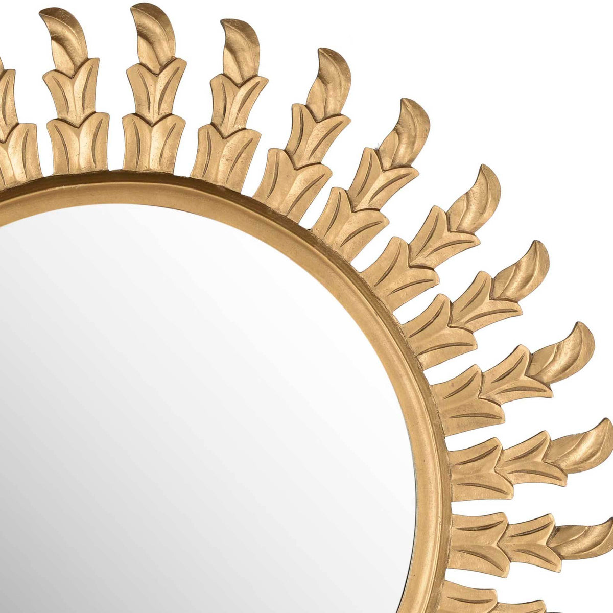 Etched gold leaf rays curve outward from the smooth rim of the round mirror.