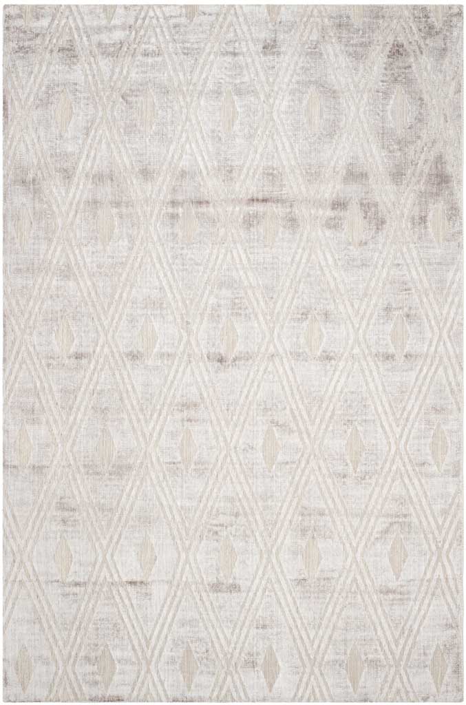 Silver-gray area rug with fine diamond outlines and small tonal motifs