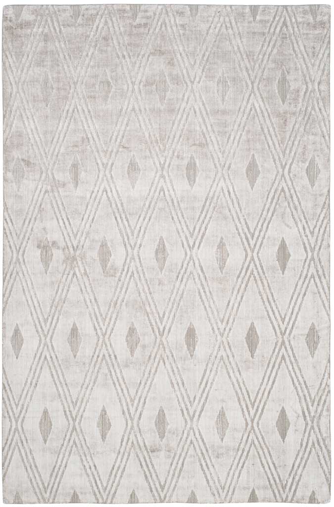 Pale gray area rug with slender interlocking diamonds and subtle tonal shapes