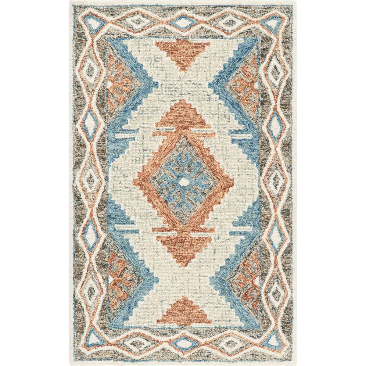 A central blue and rust diamond anchors this cream wool accent rug, surrounded by geometric motifs.