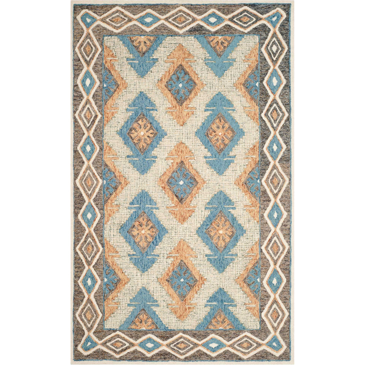 Bold blue and rust diamonds repeat across this cream wool rug with a decorative border.