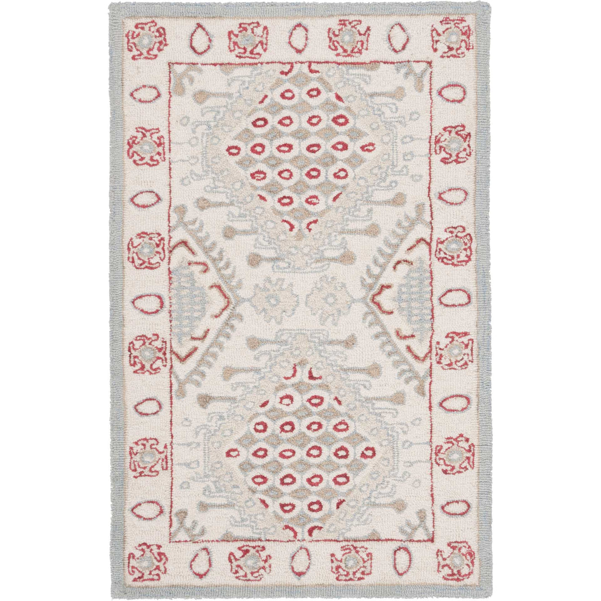 A compact ivory wool rug features clustered red diamonds and an ornate blue-gray border.