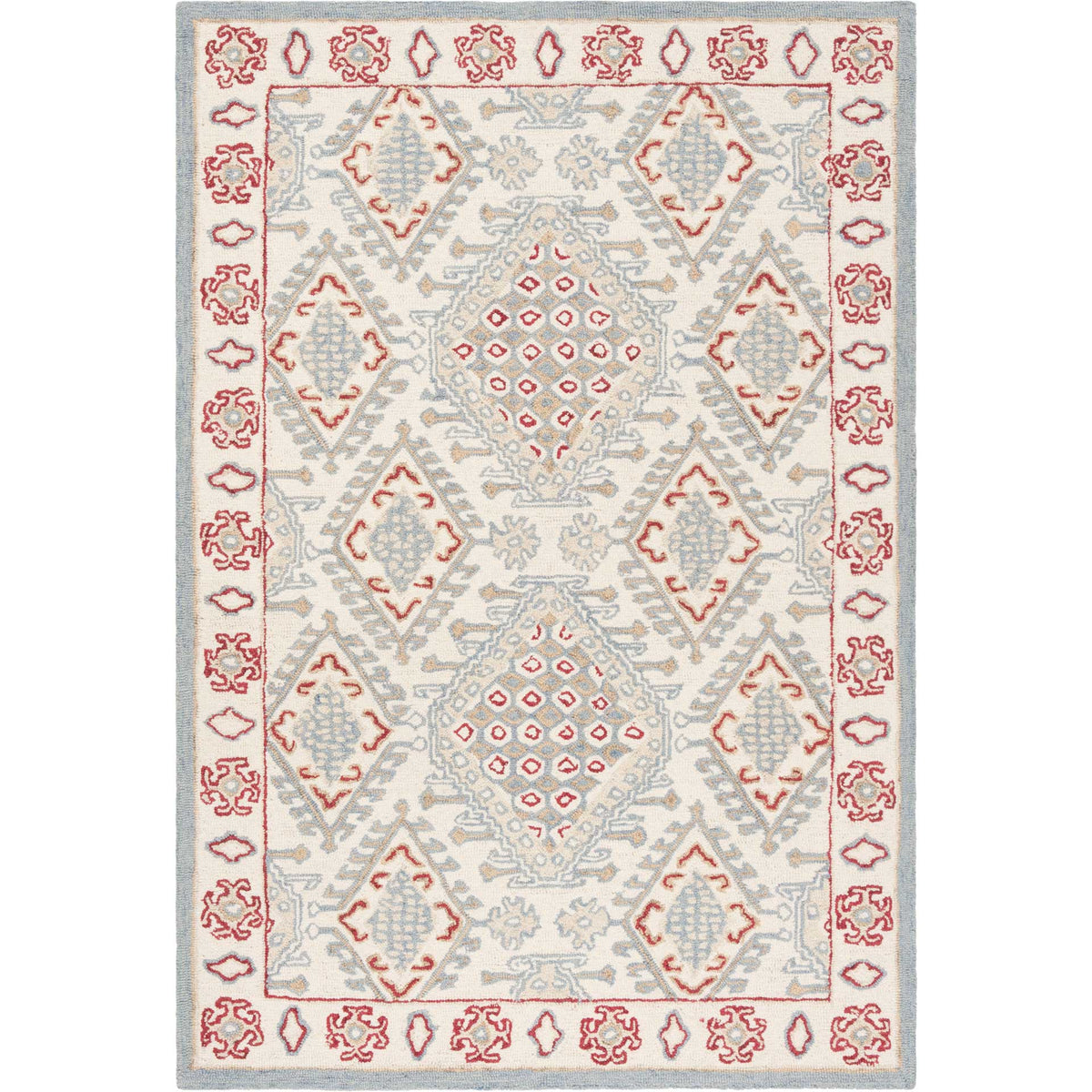 Red diamond medallions and soft blue scrollwork decorate this ivory wool rug.