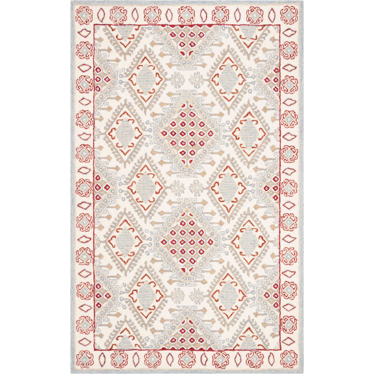 Ornate red floral trim frames repeating diamond motifs on this ivory wool rug.