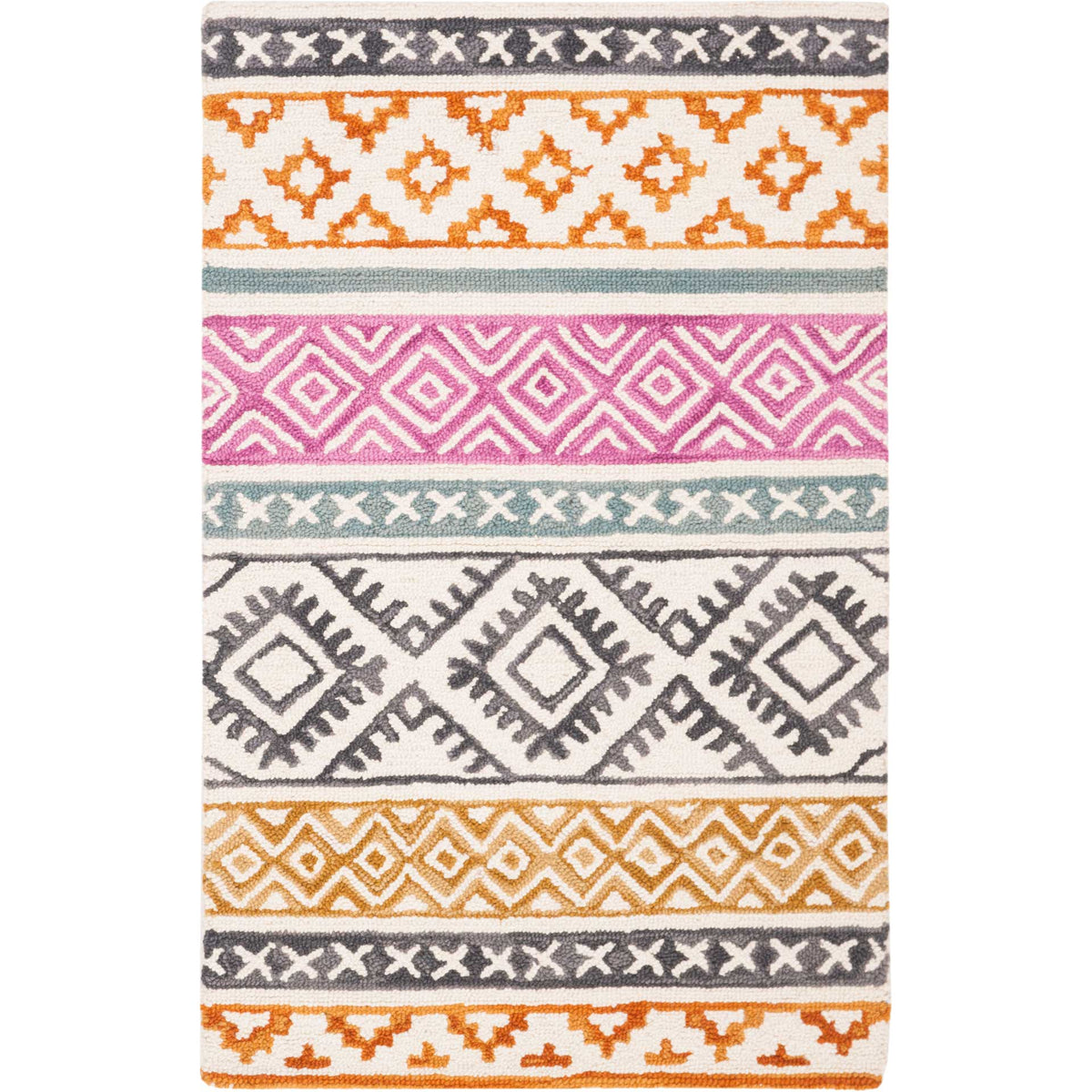 Compact ivory rug combines orange flourishes, pink diamonds and dark geometric motifs