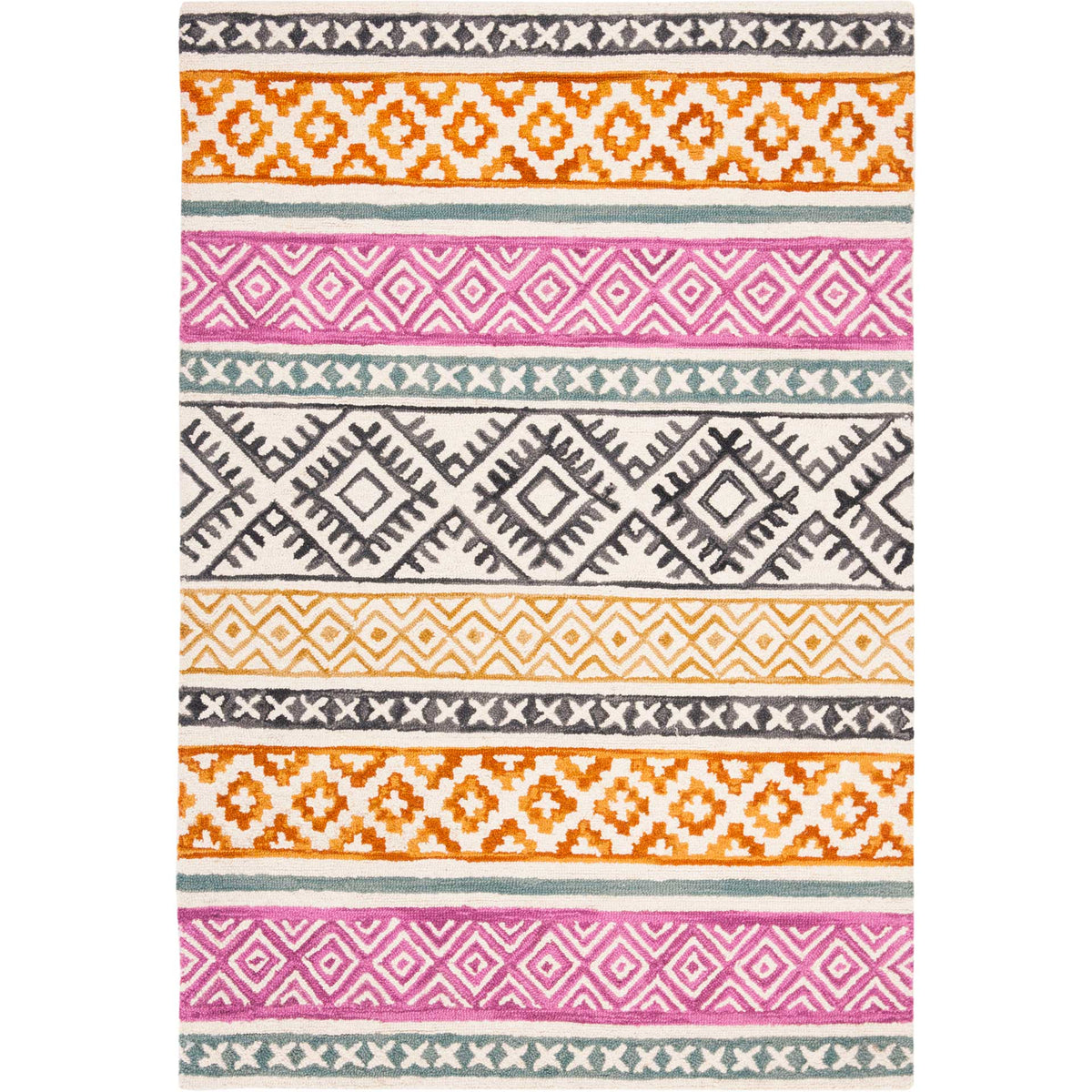 Ivory rug layers rust-orange motifs, pink diamonds and teal accents in colorful stripes