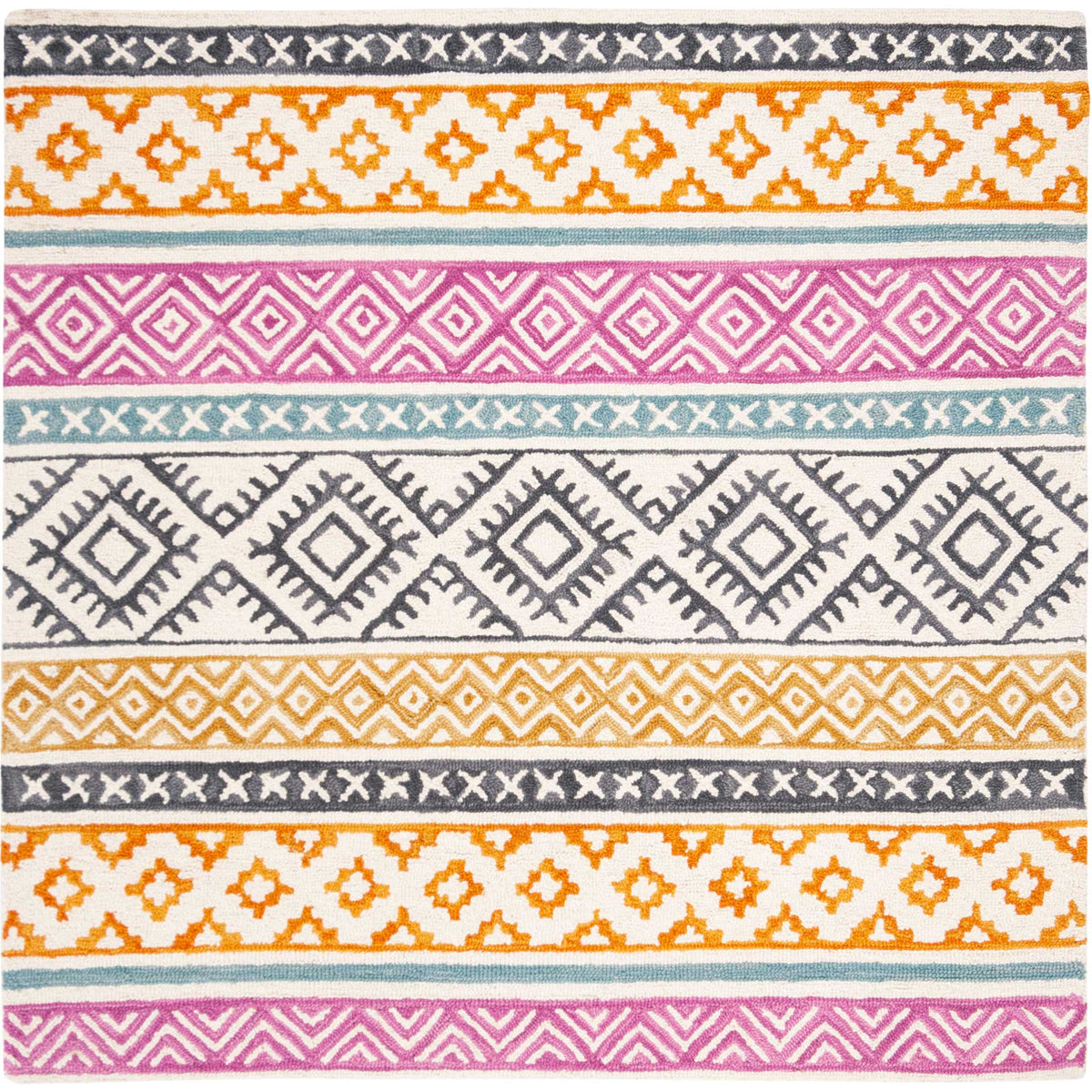 Square ivory rug features bold orange motifs, pink diamond bands and charcoal accents