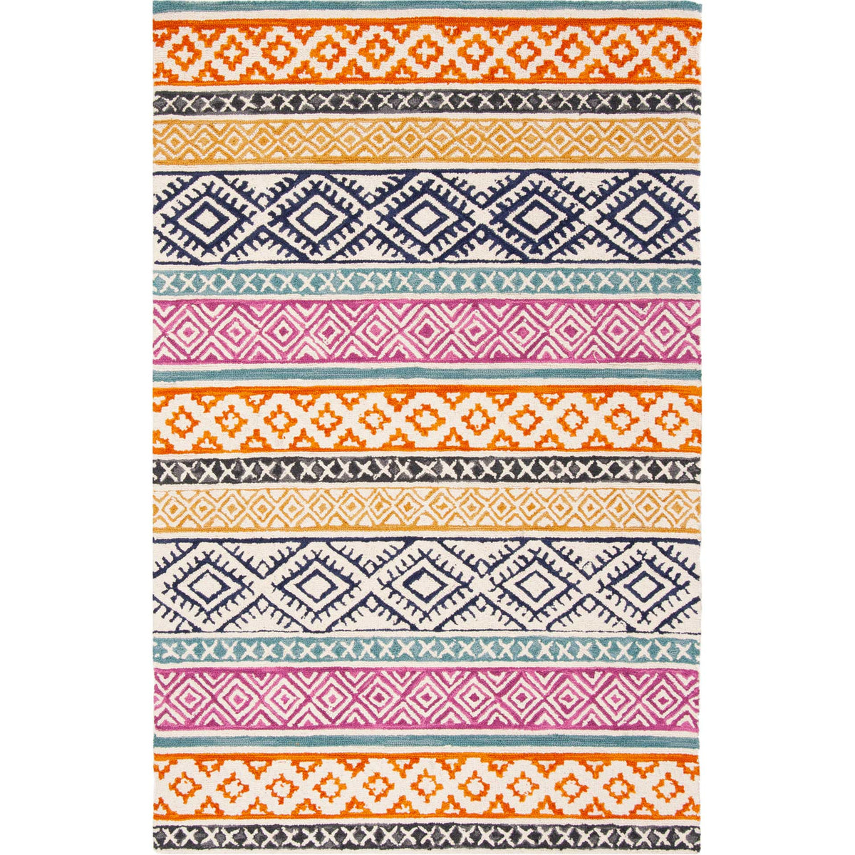 Ivory rectangular rug pairs navy diamonds with vivid orange, pink and teal patterned bands