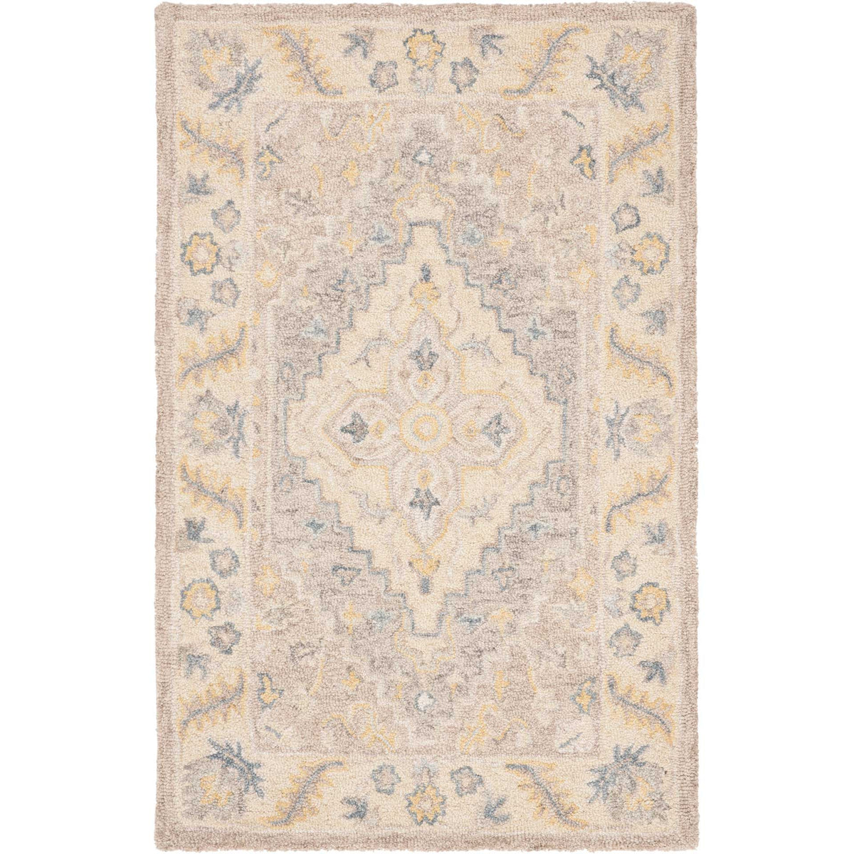 A compact beige wool rug brings a graceful medallion and floral border to small spaces, accented in blue and gray.