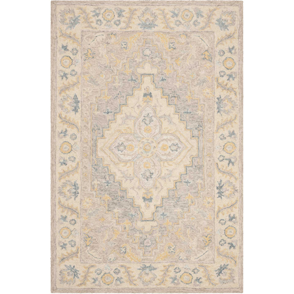 A beige and gray rectangular rug pairs a stepped floral medallion with delicate blue and gold border details.
