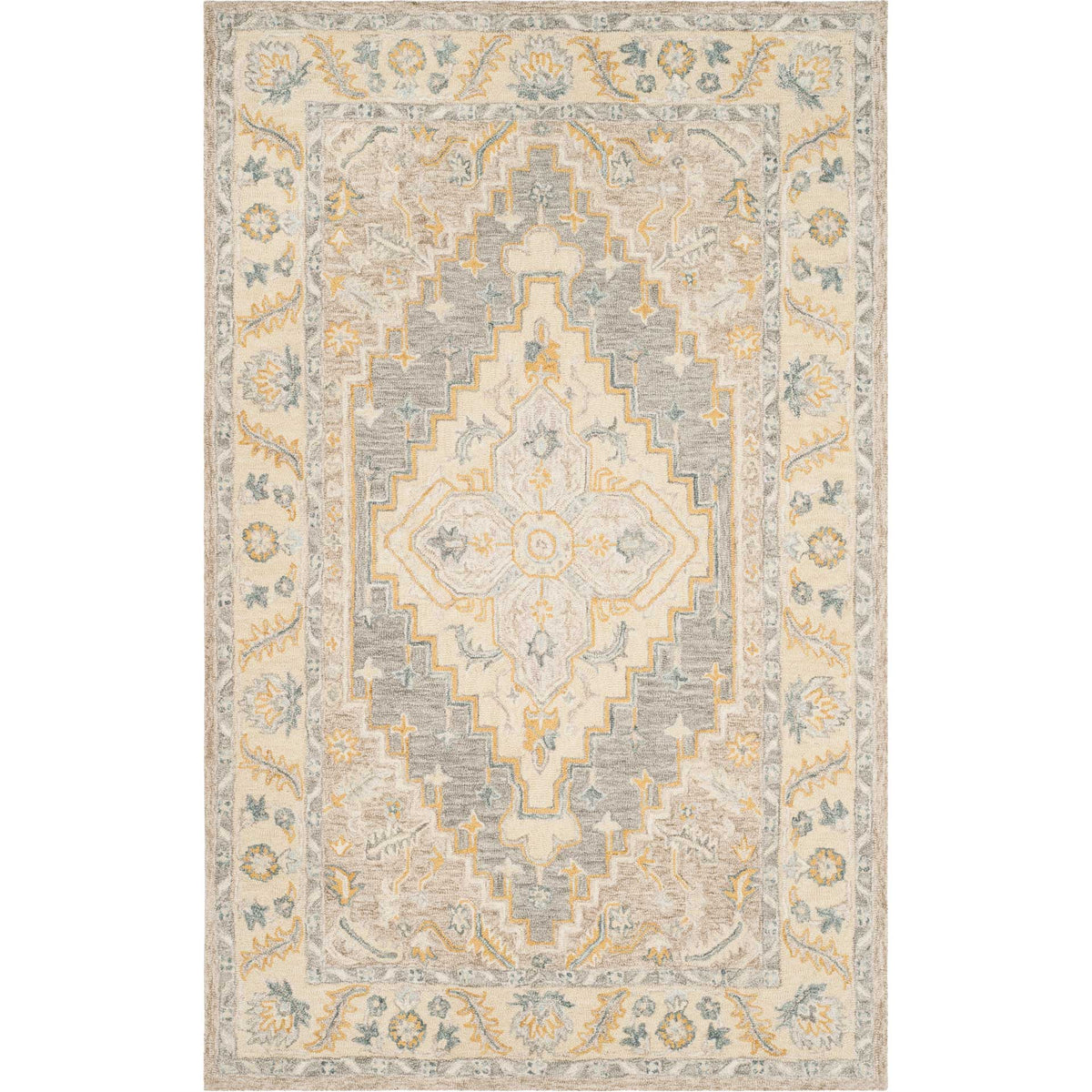 A rectangular wool rug showcases an ivory medallion framed by a beige floral border with blue and gold accents.