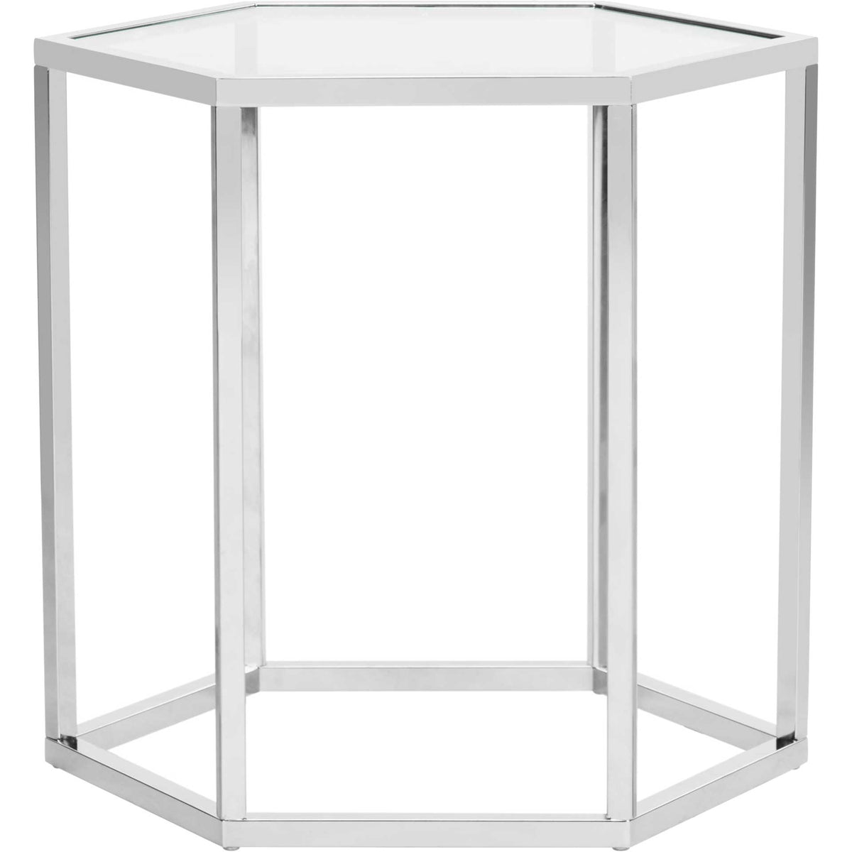 A clear glass top rests on a sleek chrome frame with slim vertical supports || MMT6002A || front_studio