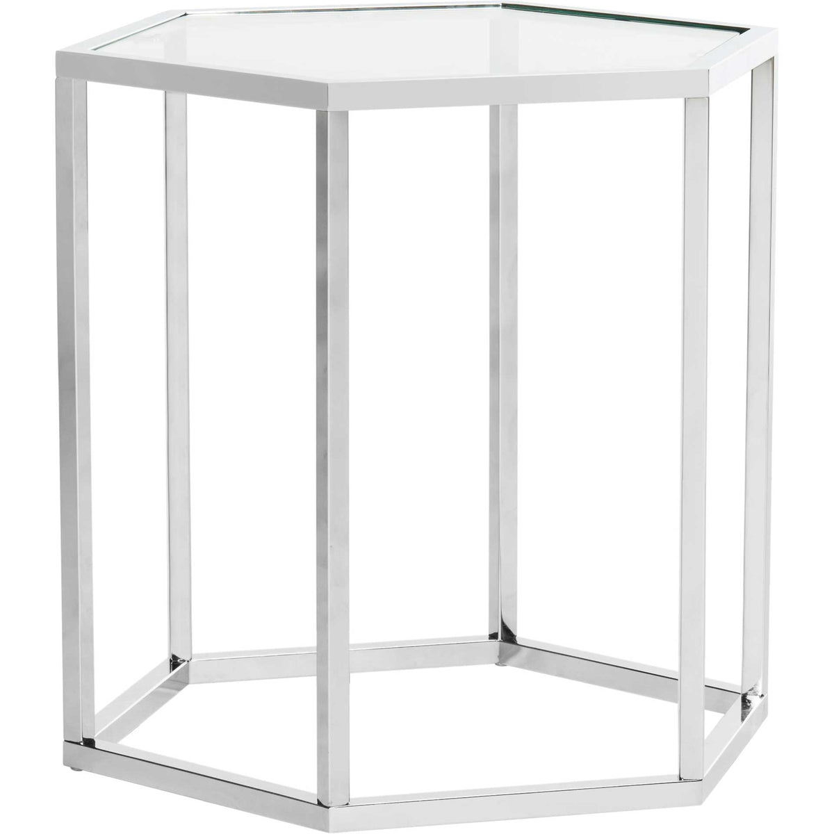 A polished chrome frame surrounds clear glass, with slender rails shaping an airy, angular base || MMT6002A || front_angle_studio