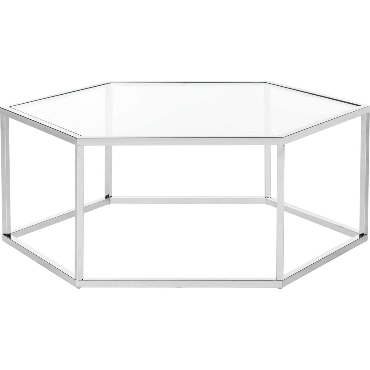Slim chrome legs support a clear glass top above an open, hexagonal base.