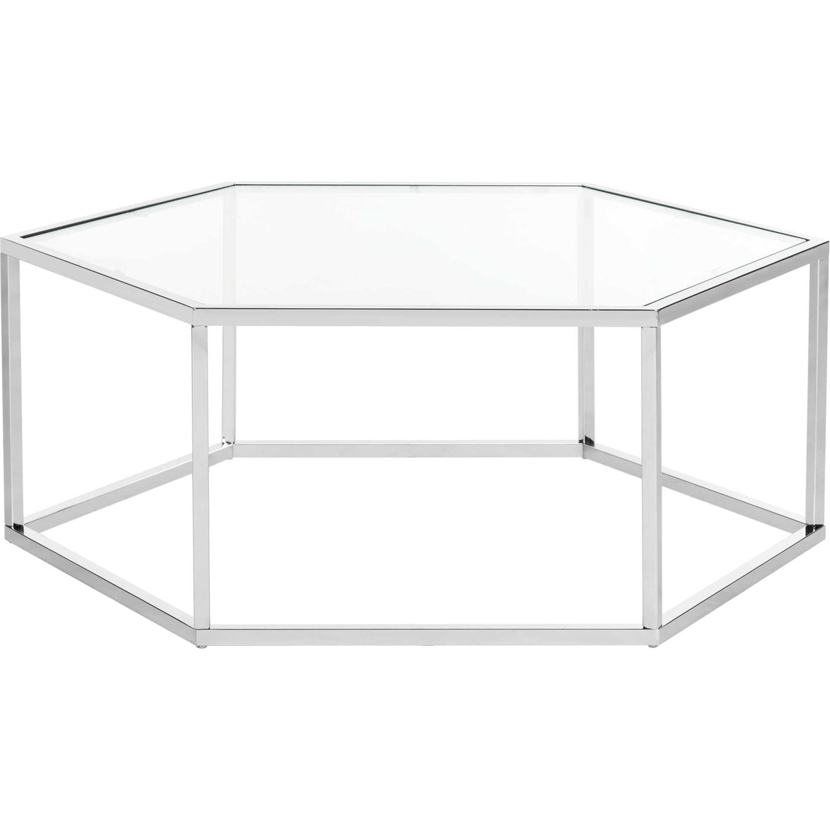 Six-sided glass and a polished chrome frame bring an airy feel to this coffee table. || MMT6003A || front_angle_studio
