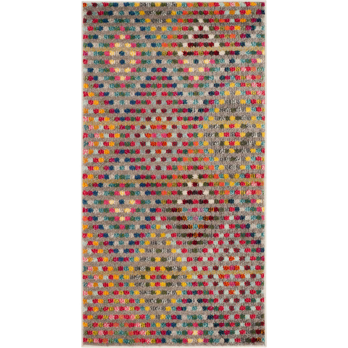 Small beige accent rug with jewel-toned dots and subtle geometric patterning.