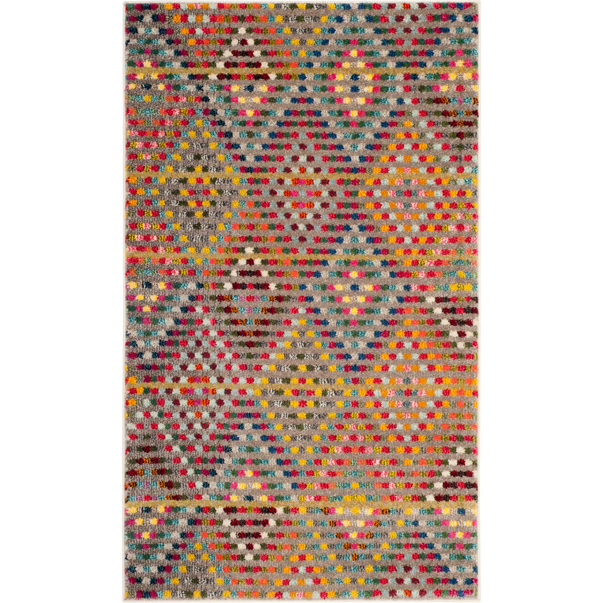 Compact beige rug with dense rows of colorful dots and gently faded diamond accents.