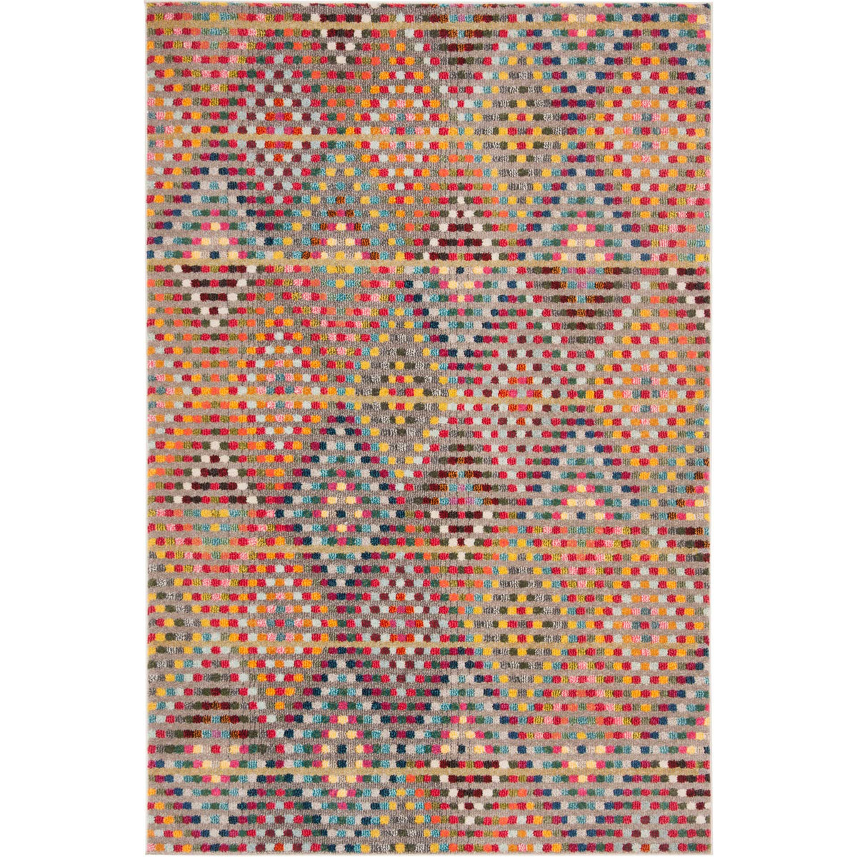 Rectangular beige rug with cheerful colorful dots and softly layered geometric motifs.