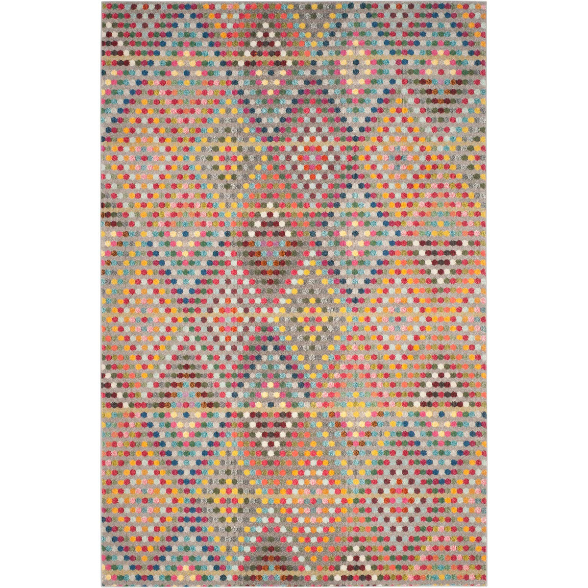 Warm beige rug with colorful dotted rows forming softly distressed geometric medallions.
