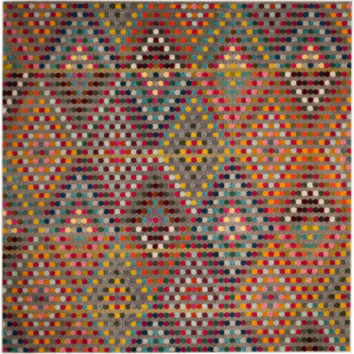 Square beige rug with vivid multicolor dots arranged in subtle diamond patterns.