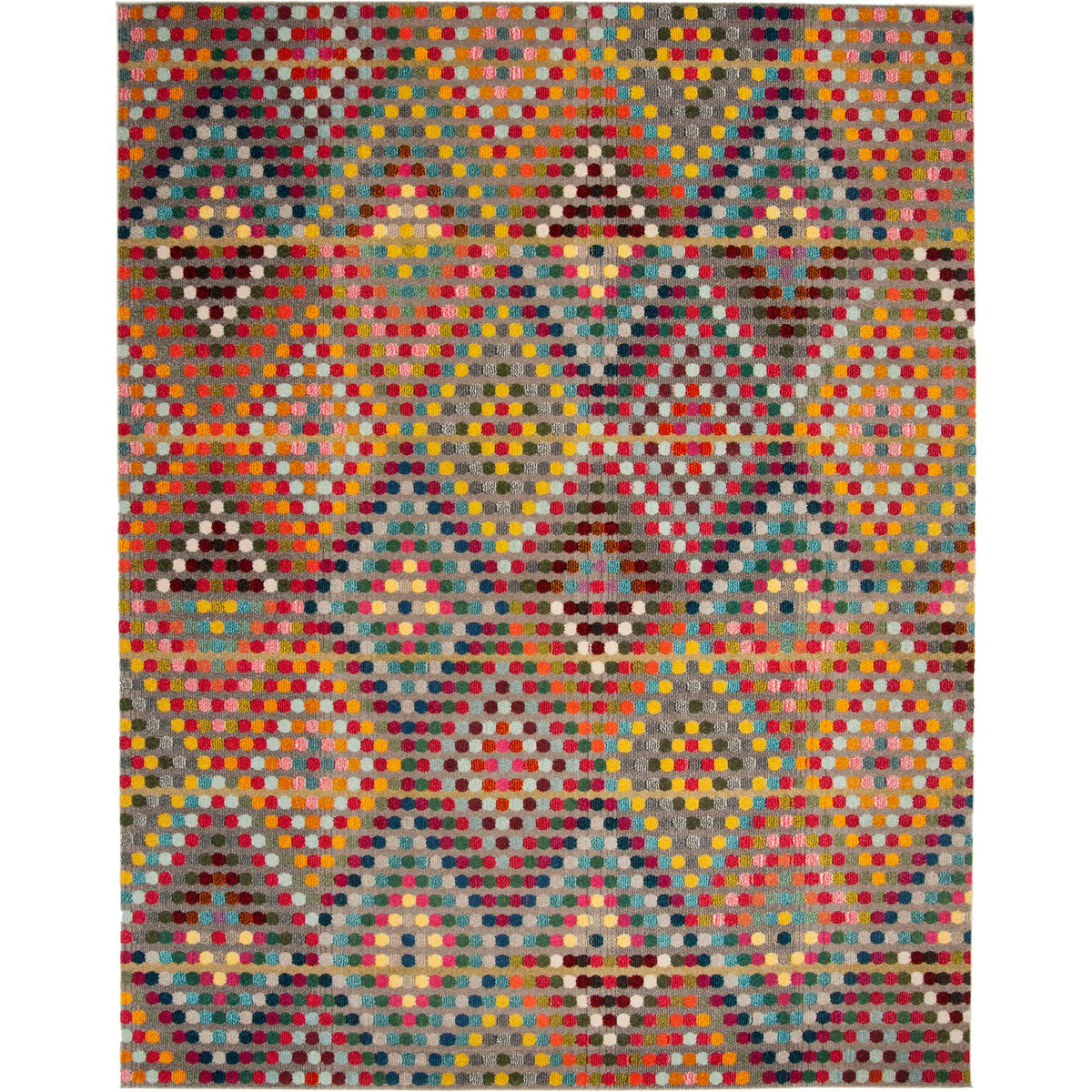 Spacious beige rug with a lively mosaic of multicolored dots and faded diamond motifs. || MNC204F-810 || top_studio