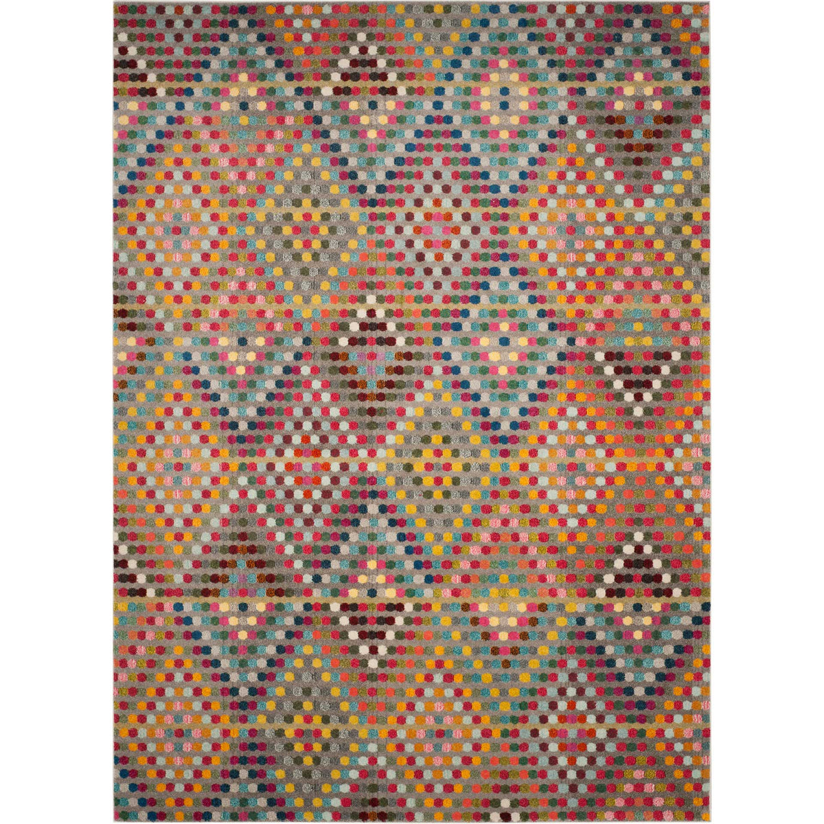 Generously sized beige rug with jewel-toned dots and soft geometric diamonds. || MNC204F-8 || top_studio