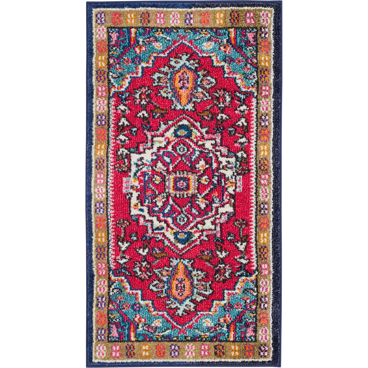 A petite accent rug showcases a cream-centered red medallion, turquoise flourishes, and a floral border.