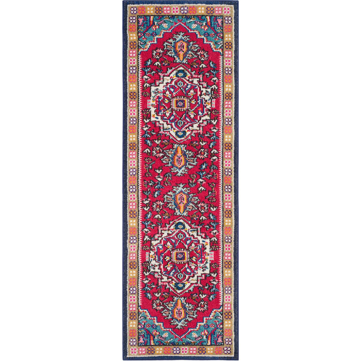A vivid red runner with twin medallions and turquoise details inside a patterned border.