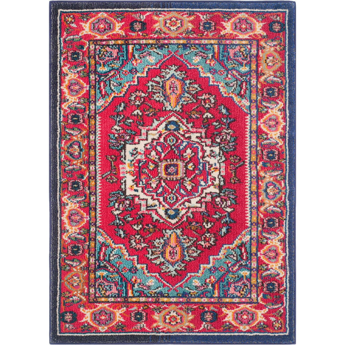 A compact red and turquoise rug features a cream-centered medallion and colorful floral border.