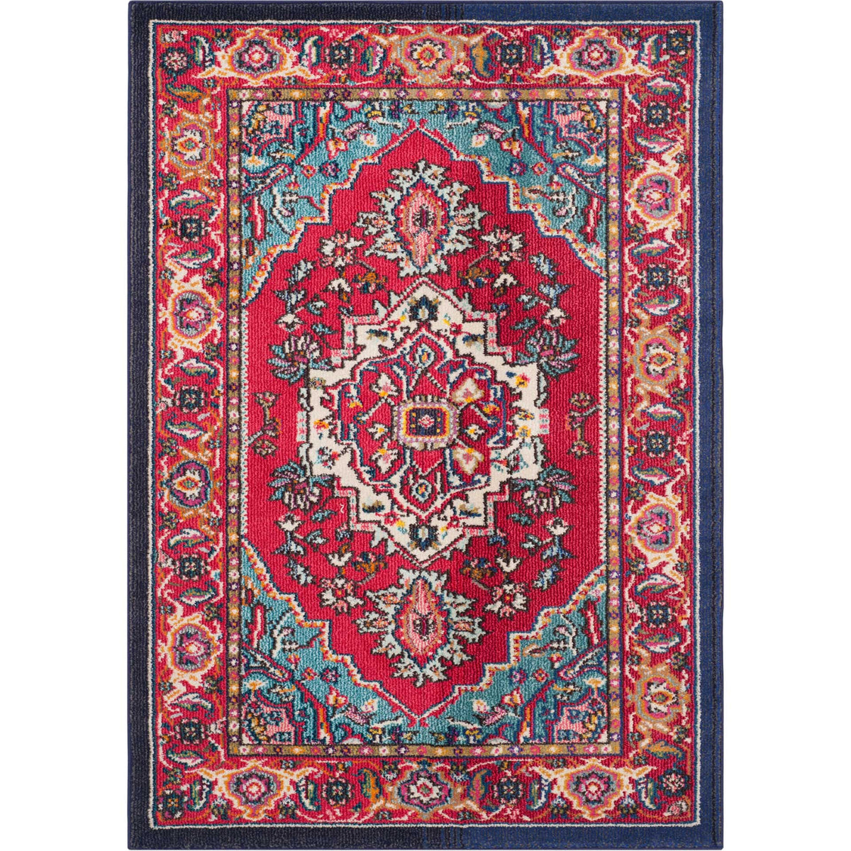 A traditional red rug blends turquoise scrollwork with an ivory medallion and a richly patterned border.