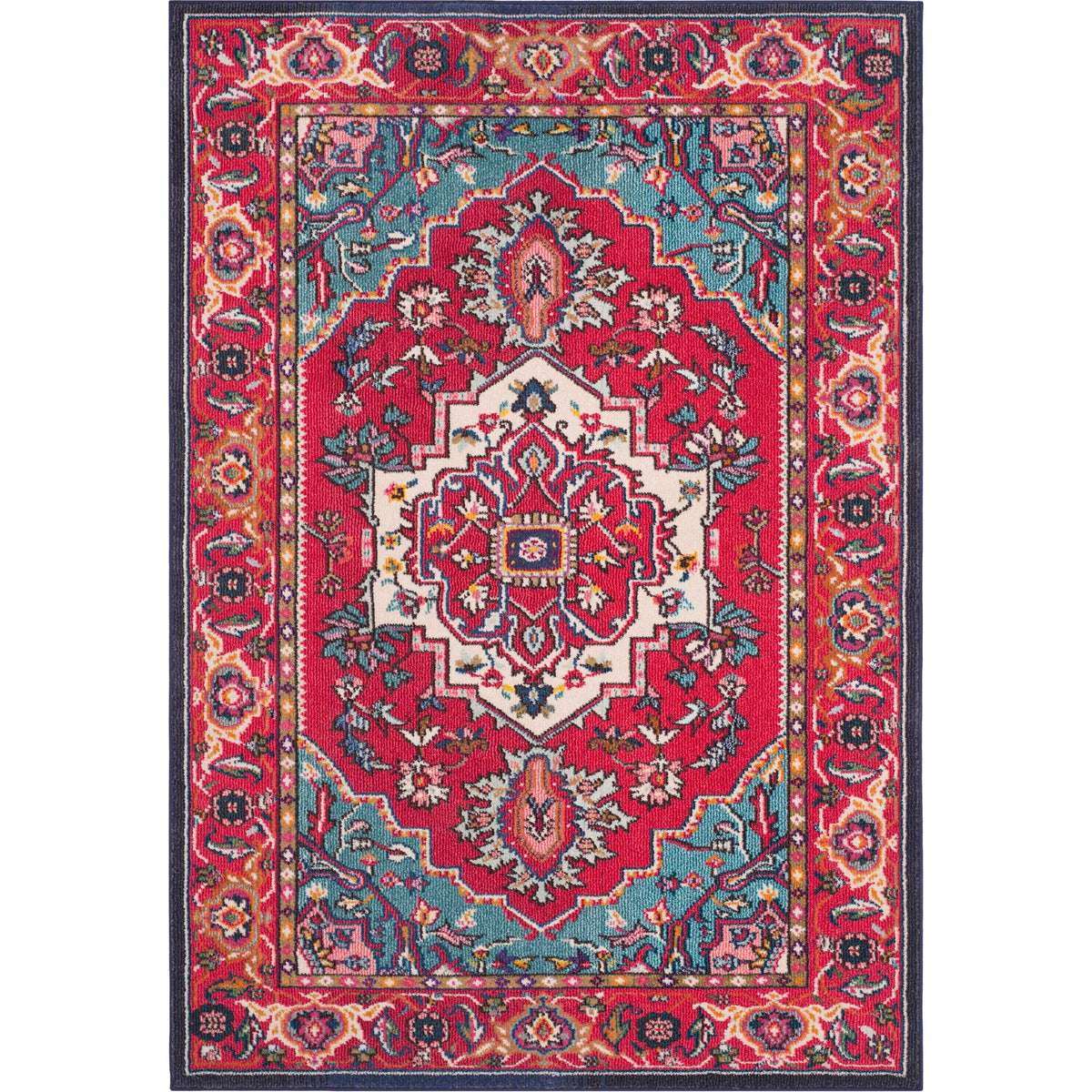 A rectangular red rug features turquoise corner accents, ornate floral details, and a dark navy frame.