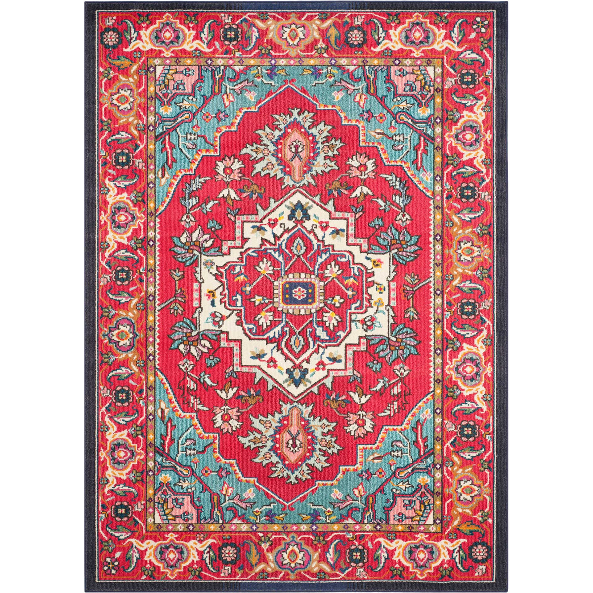 Turquoise corners and intricate floral motifs surround a cream medallion on this red rug.