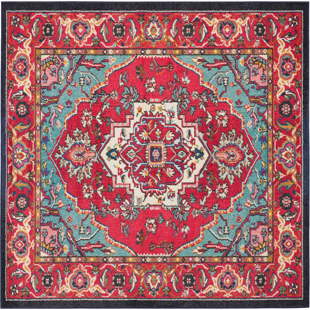A square rug pairs a vivid red field with turquoise floral accents and a cream geometric medallion.