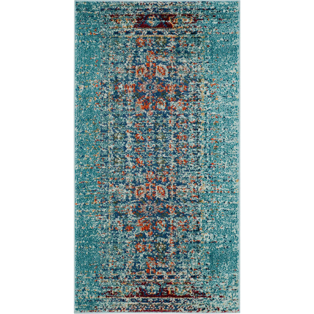 Narrow blue accent rug with faded florals and navy and coral highlights