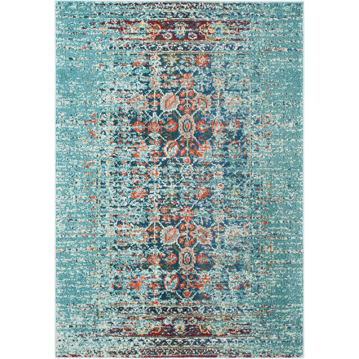 Compact blue rug with scattered floral motifs and gently faded patterned borders