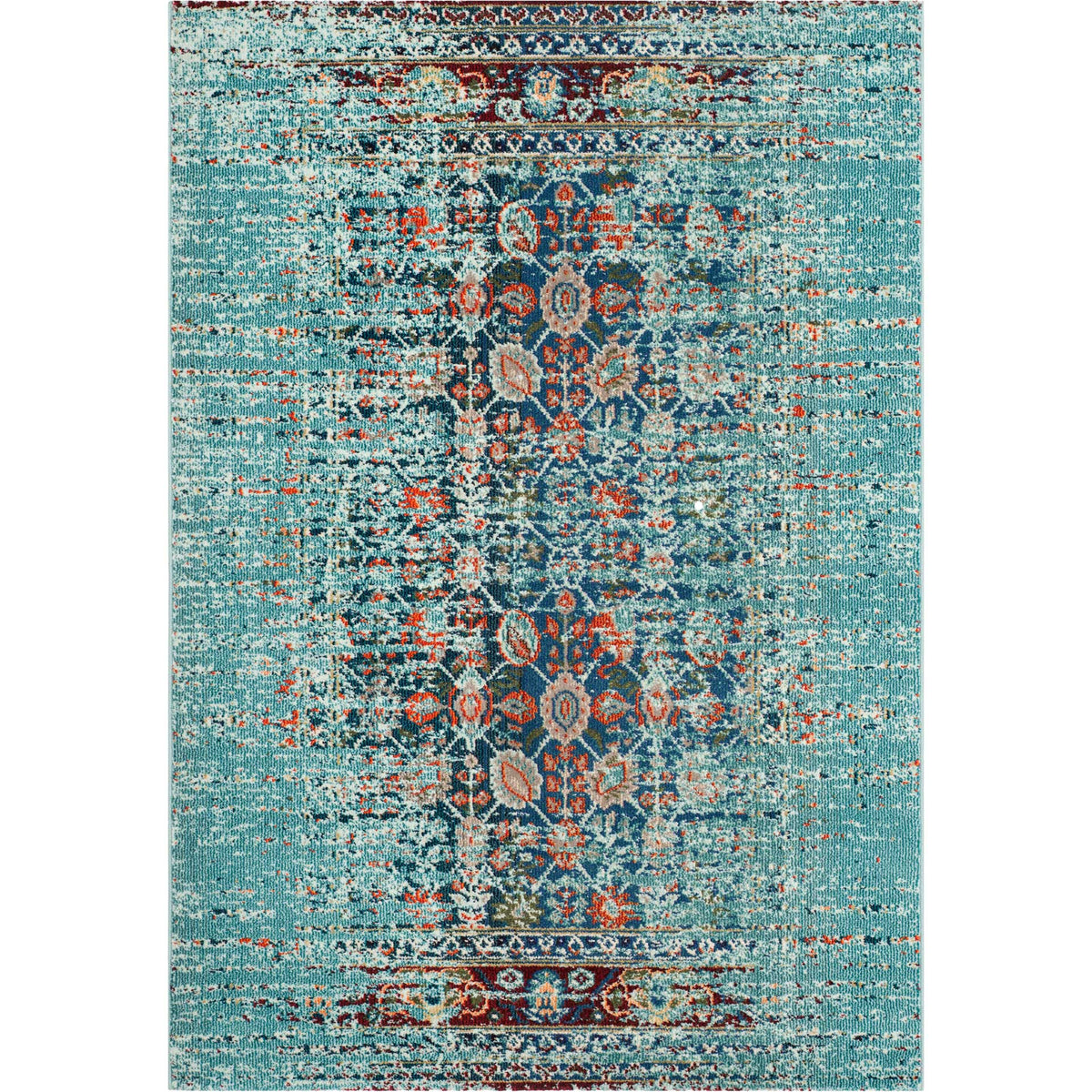 Turquoise rug with bold floral motifs and distressed navy and orange accents